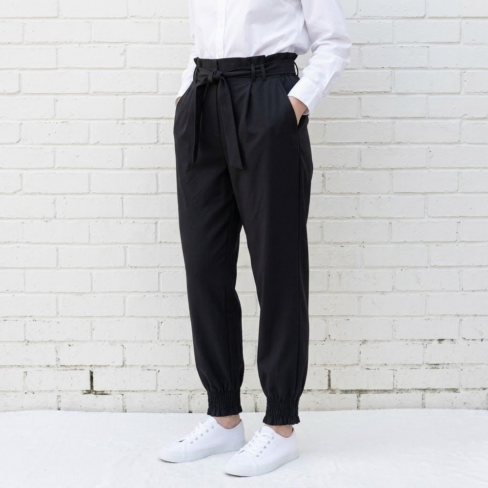 Grace Karin Paperbag Waist Pants Womens XL Black Smocked Cuff Tie Belt Tapered